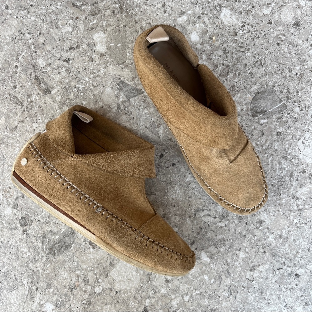 Rag & Bone Brixton Moccasins Stone Tan Suede Ankle Boots Shoes Mocs Boho Slip On - Picture 4 of 16
